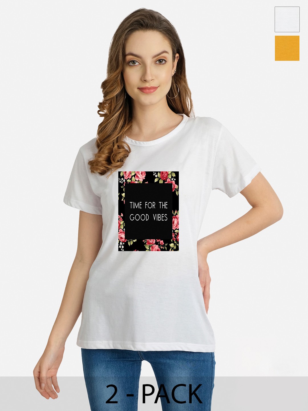 

CHOZI Pack Of 2 Typography Printed Cotton T-shirt, Yellow