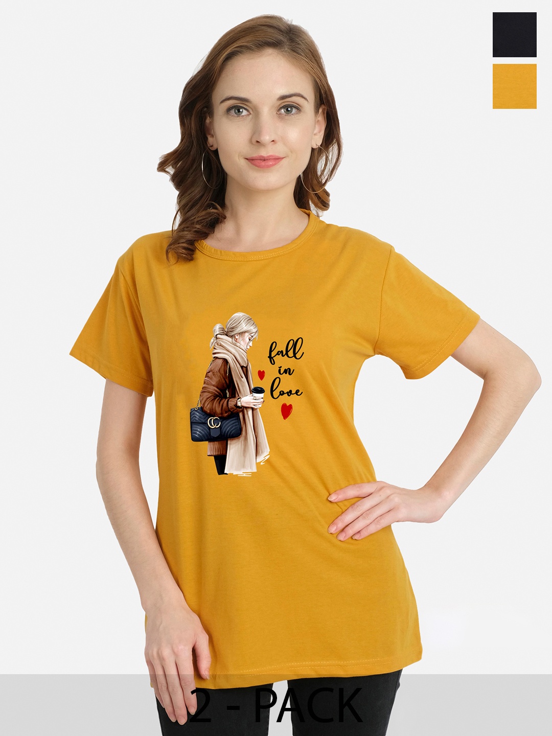 

CHOZI Pack Of 2 Graphic Printed Cotton T-Shirt, Mustard