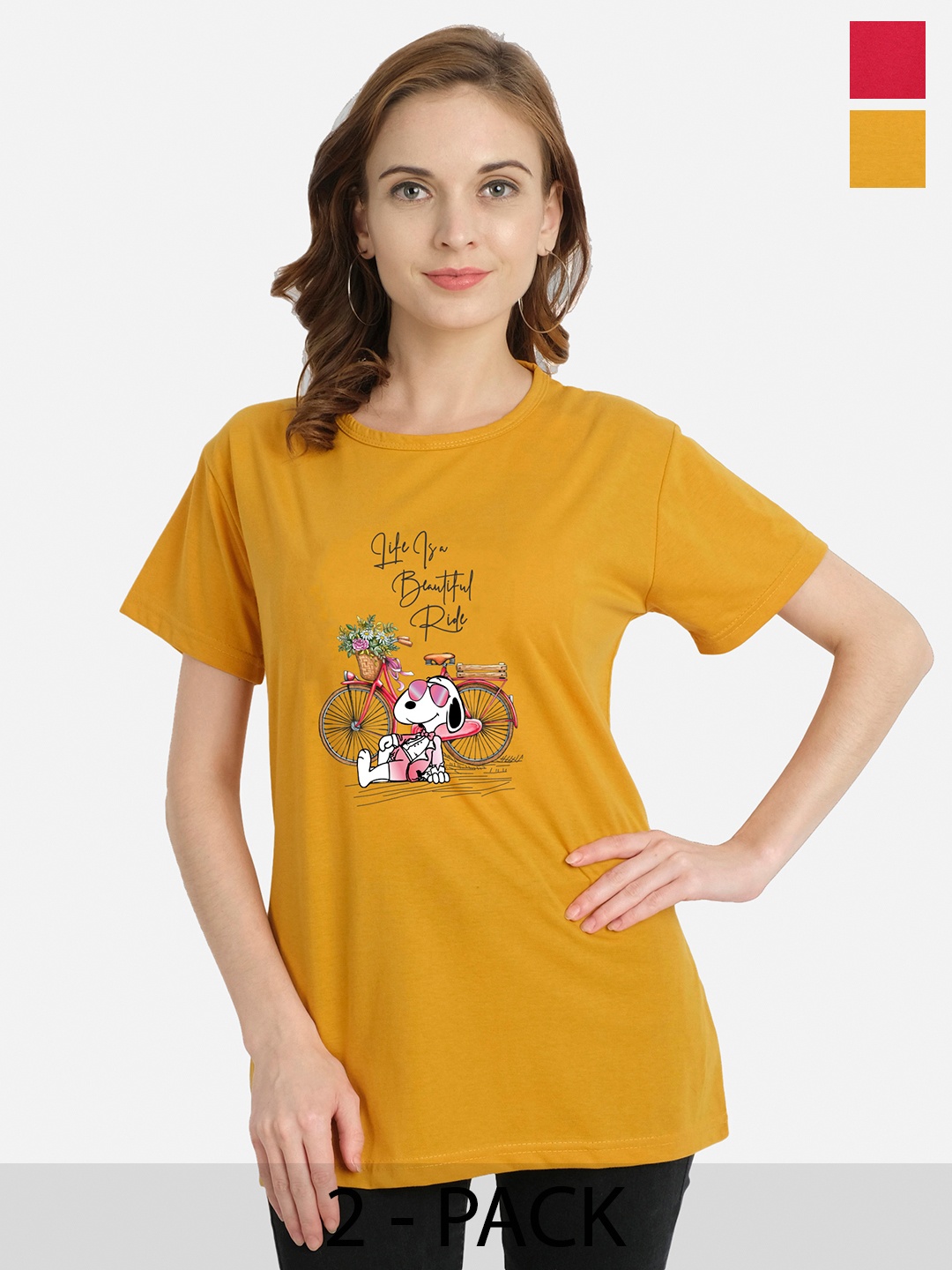 

CHOZI Pack Of 2 Typography Printed Cotton T-Shirts, Mustard