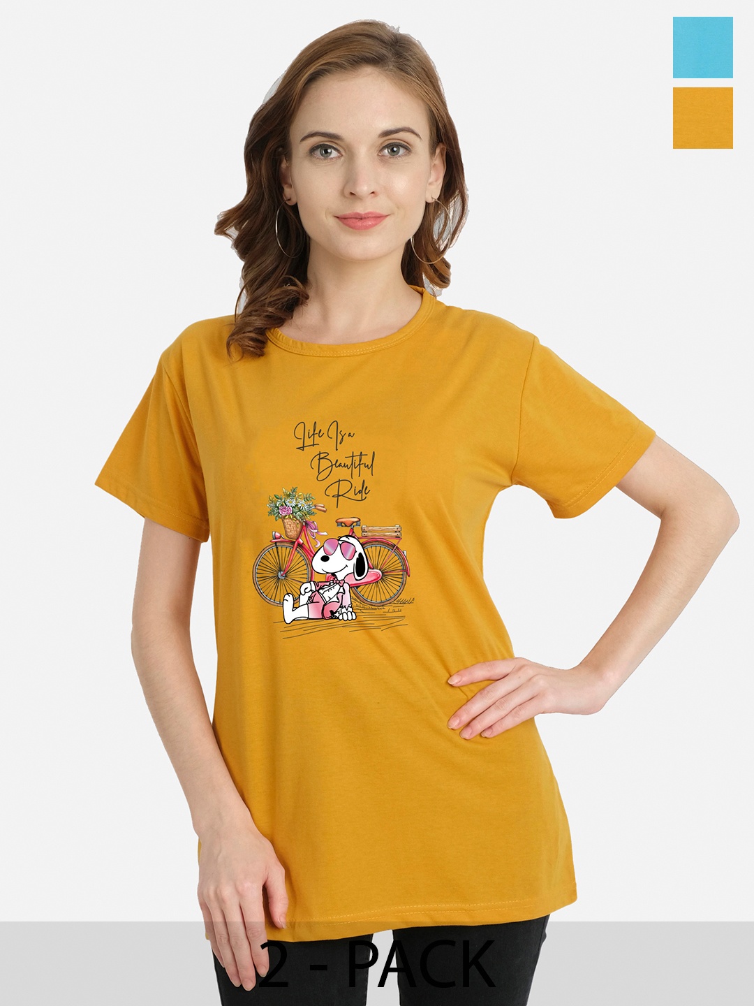

CHOZI Pack Of 2 Typography Printed Cotton T-Shirts, Mustard
