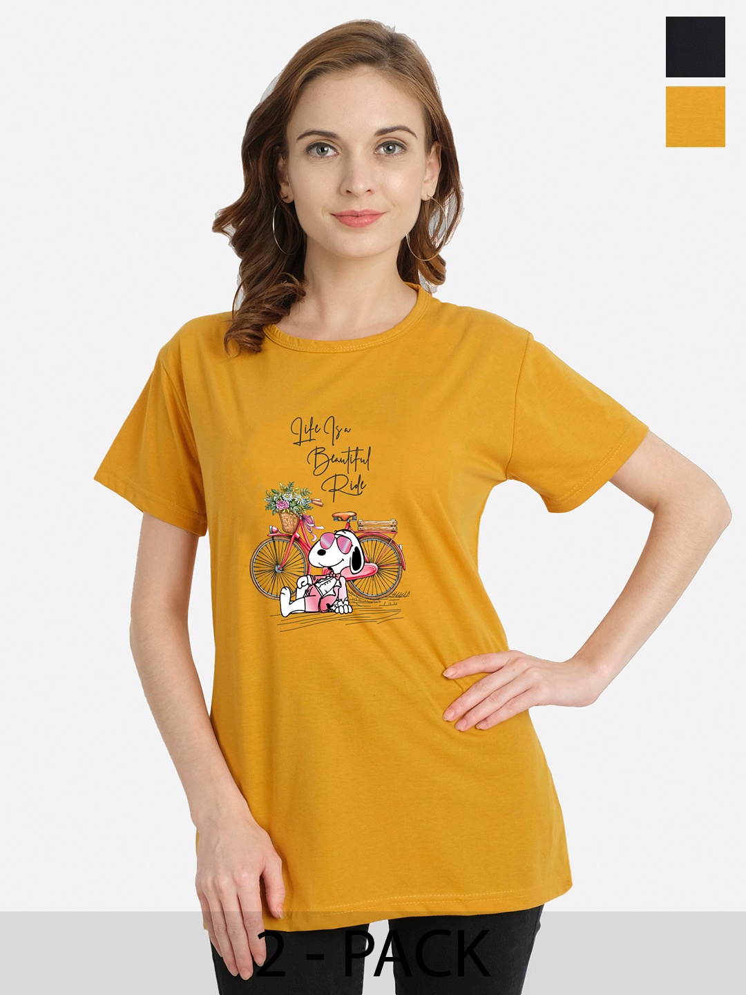 

CHOZI Pack Of 2 Graphic Printed Cotton T-Shirt, Mustard