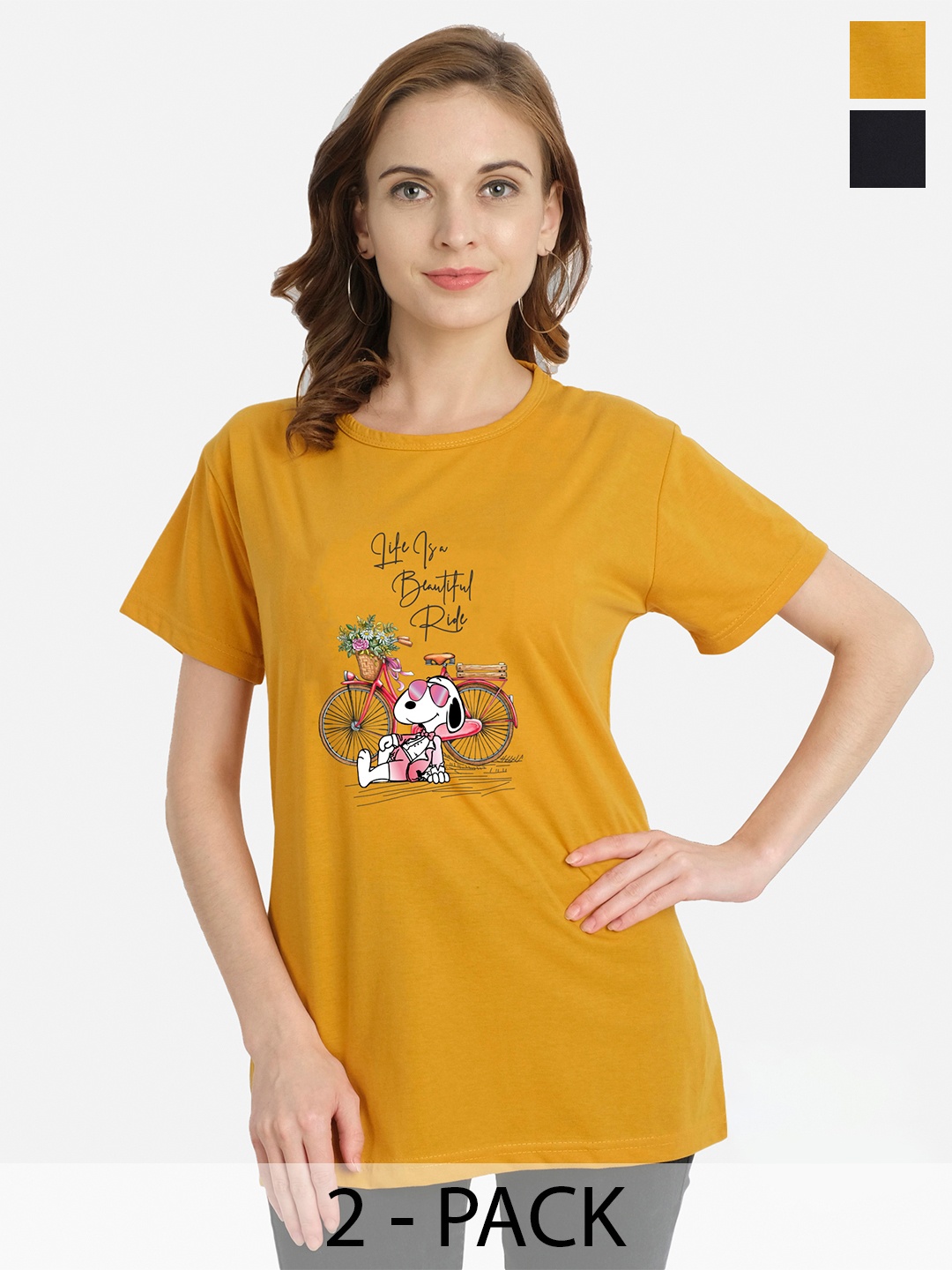 CHOZI Pack Of 2 Typography Printed Cotton T-Shirts, Mustard