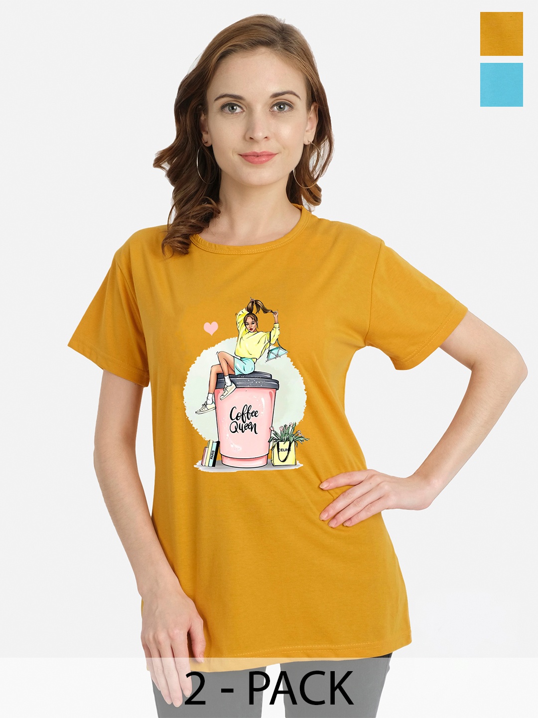 

CHOZI Pack Of 2 Graphic Printed Cotton T-Shirt, Turquoise blue