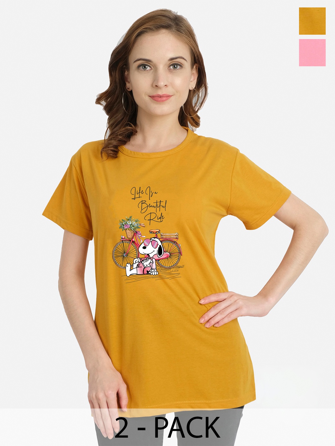 

CHOZI Pack Of 2 Graphic Printed Cotton T-shirts, Mustard