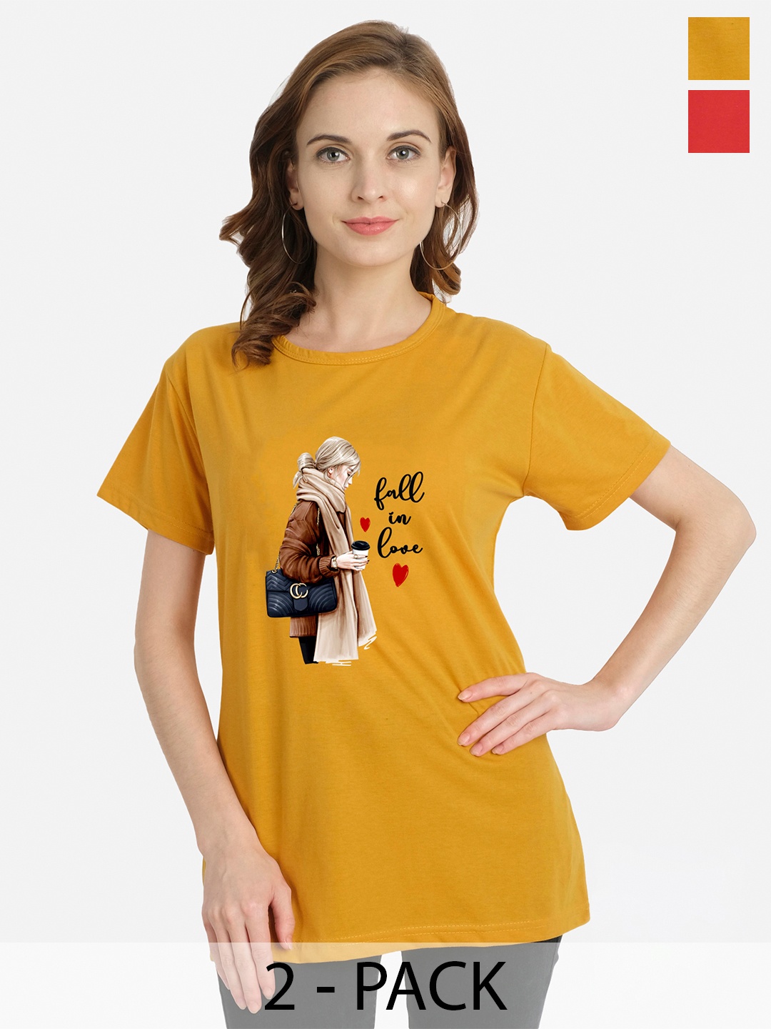 

CHOZI Pack Of 2 Graphic Printed Cotton T-Shirt, Mustard