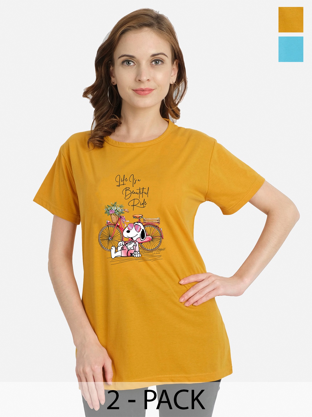 

CHOZI Pack Of 2 Typography Printed Cotton T-shirt, Mustard