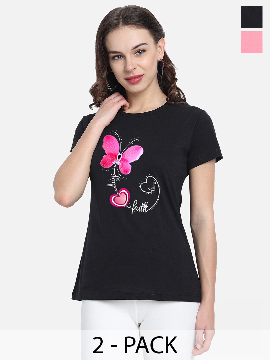 CHOZI Pack Of 2 Typography Printed Cotton T-shirt, Black