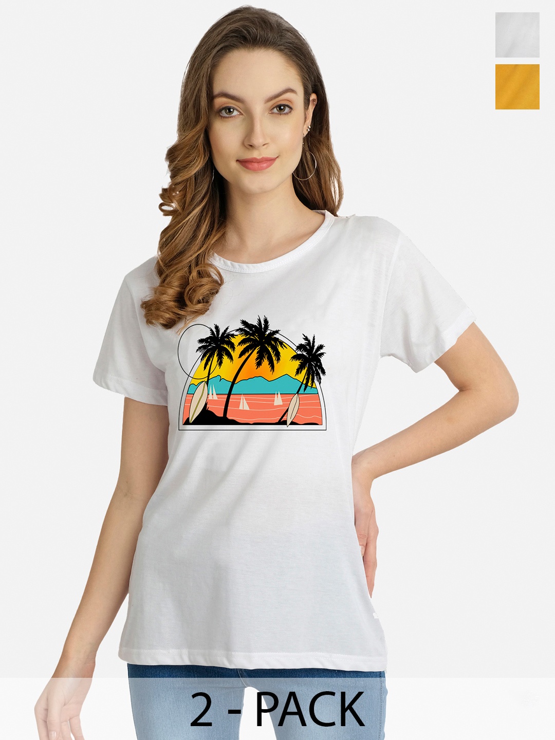 

CHOZI Pack Of 2 Graphic Printed Cotton T-Shirt, Mustard