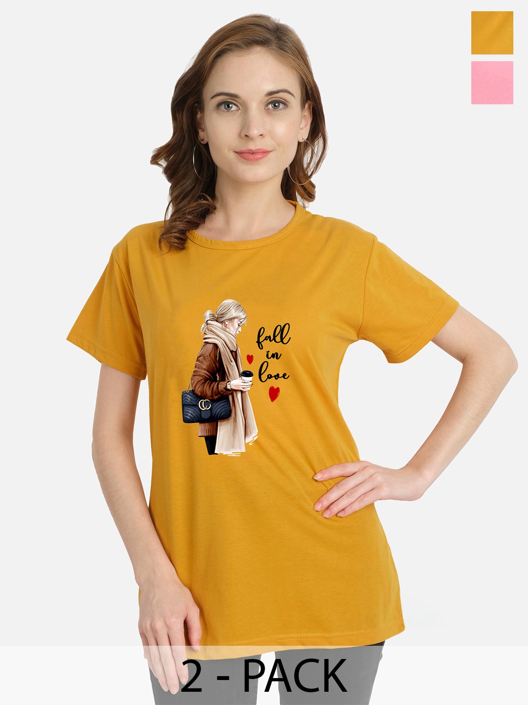 

CHOZI Pack Of 2 Typography Printed Cotton T-Shirt, Mustard