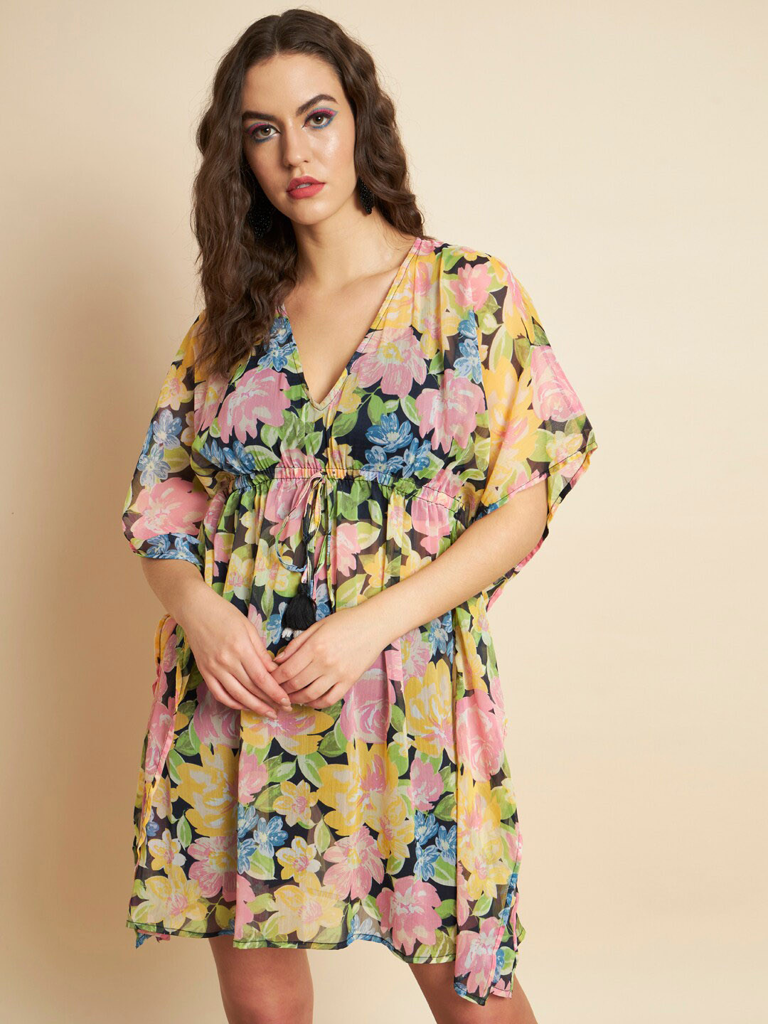 

MAZIE Floral Printed V-Neck Georgette Kaftan Dress, Yellow