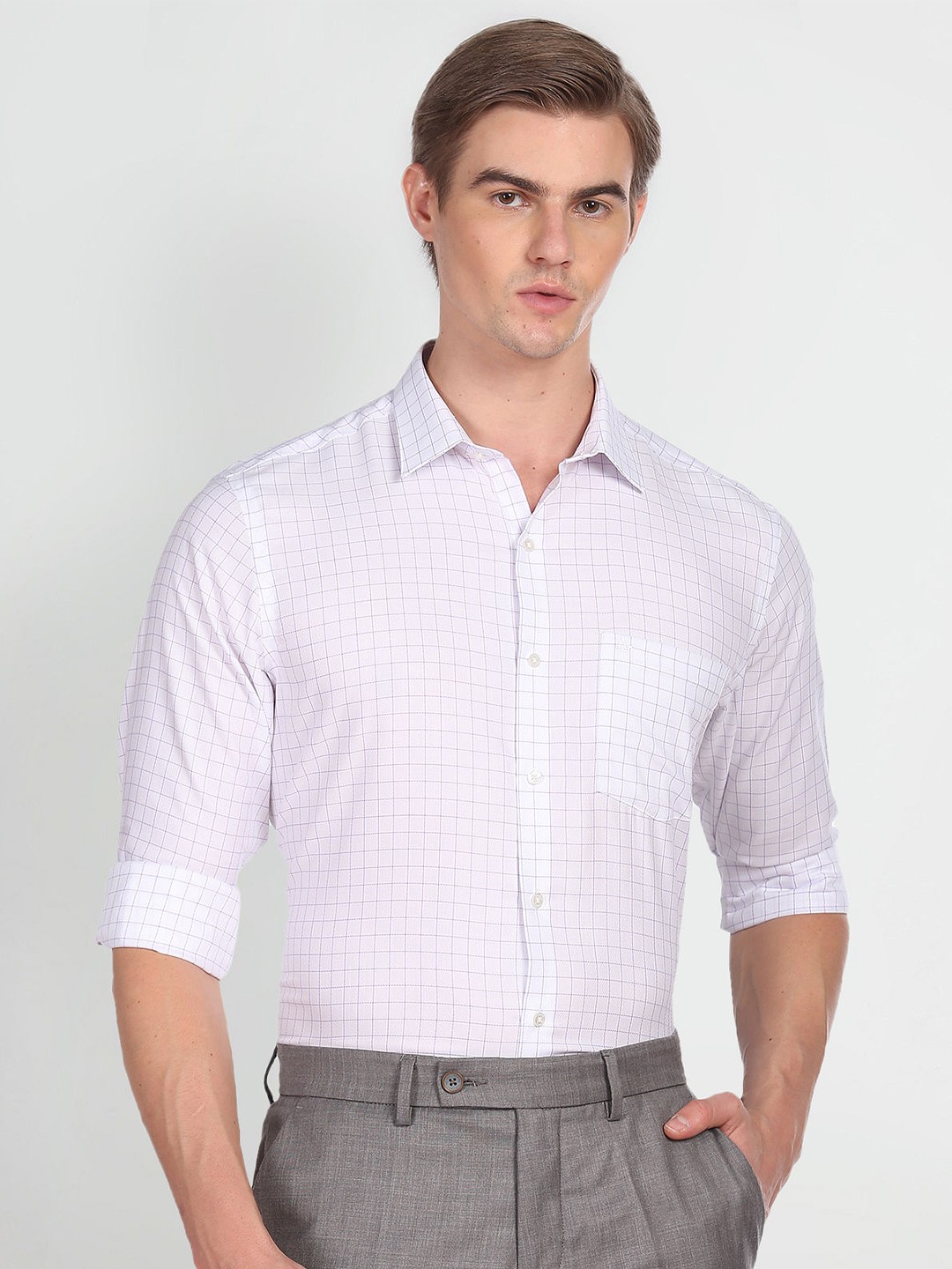 

Arrow Grid Tattersall Checks Pure Cotton Regular Fit Casual Shirt, Purple