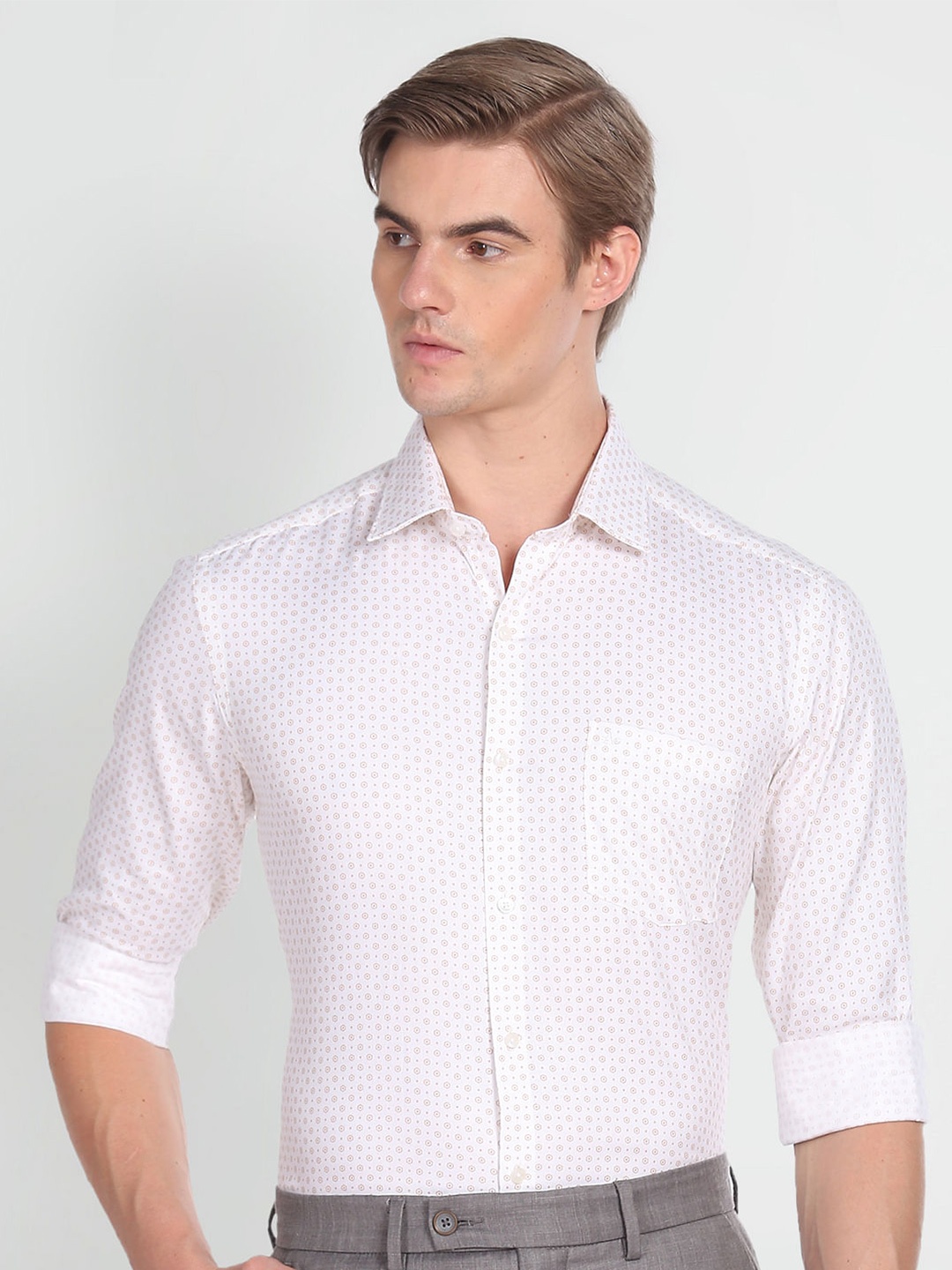 

Arrow Micro Ditsy Printed Spread Collar Pure Cotton Slim Fit Casual Shirt, Beige