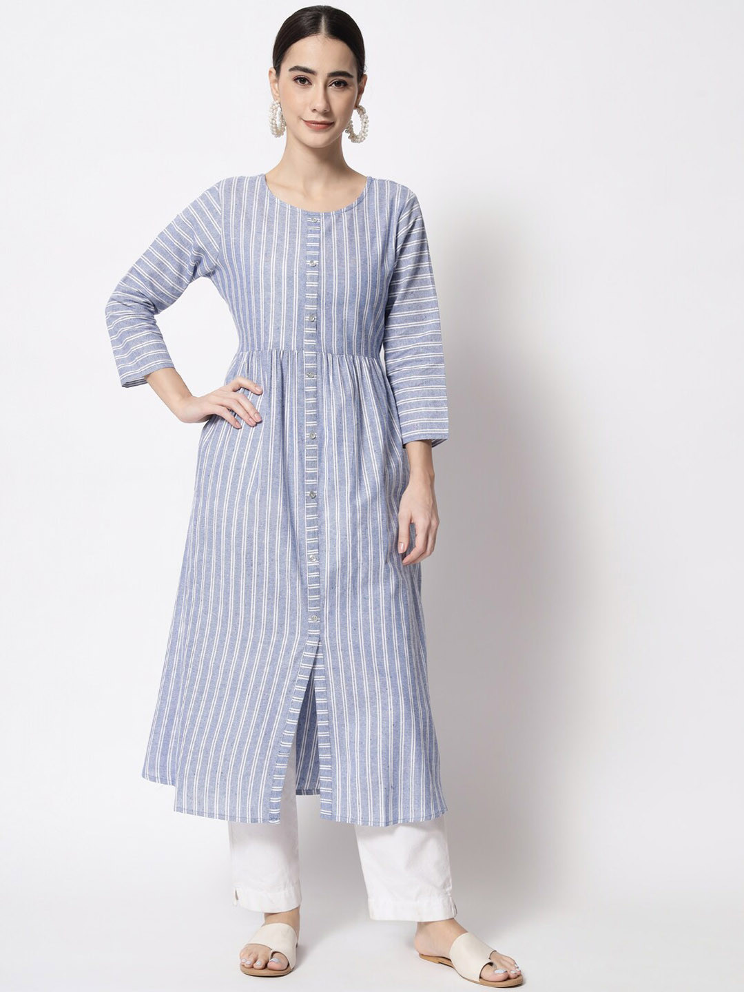 

KALINI Striped A-Line Kurta, Blue