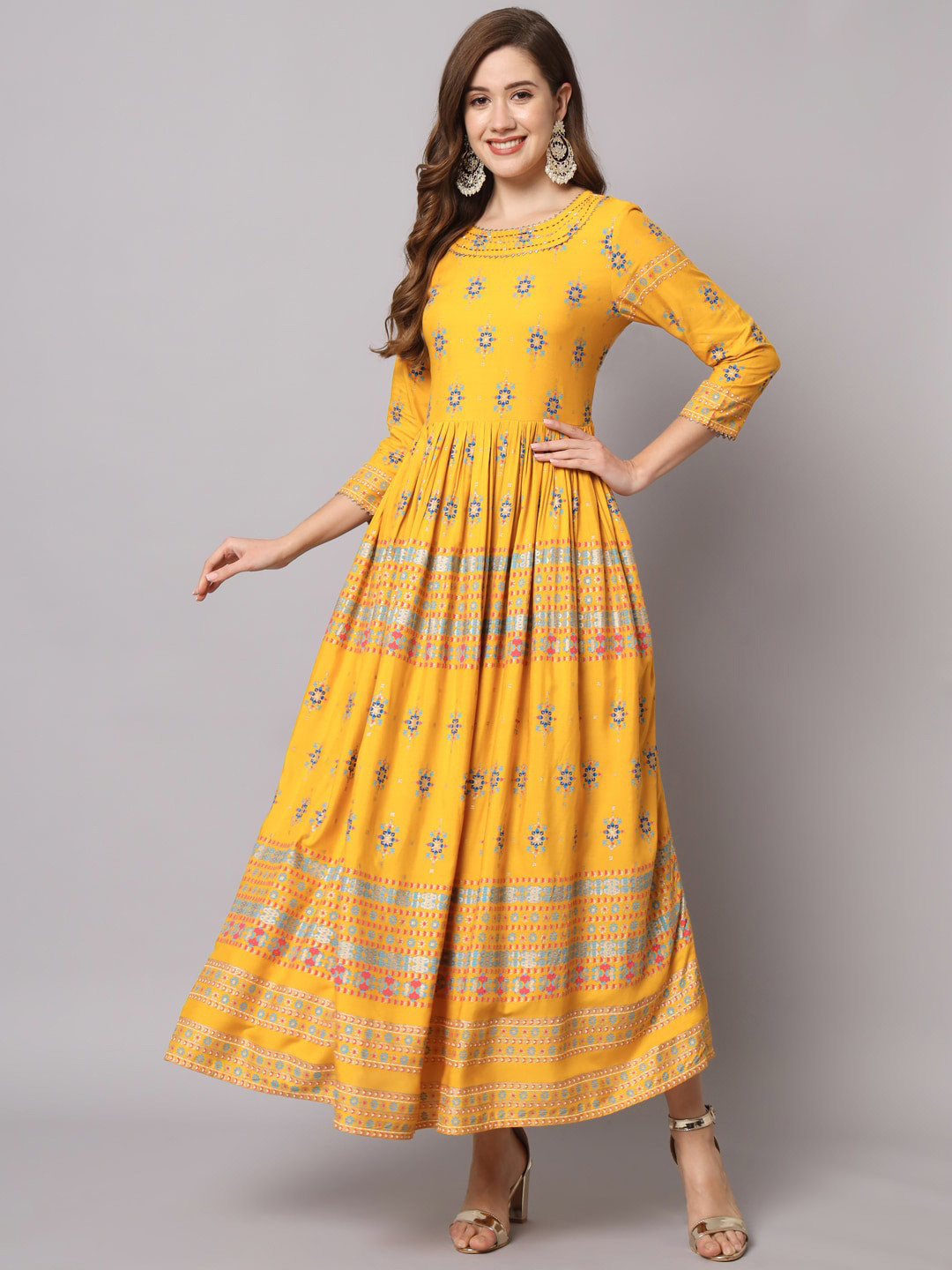 

KALINI Ethnic Motifs Printed Fit & Flare Ethnic Dress, Mustard