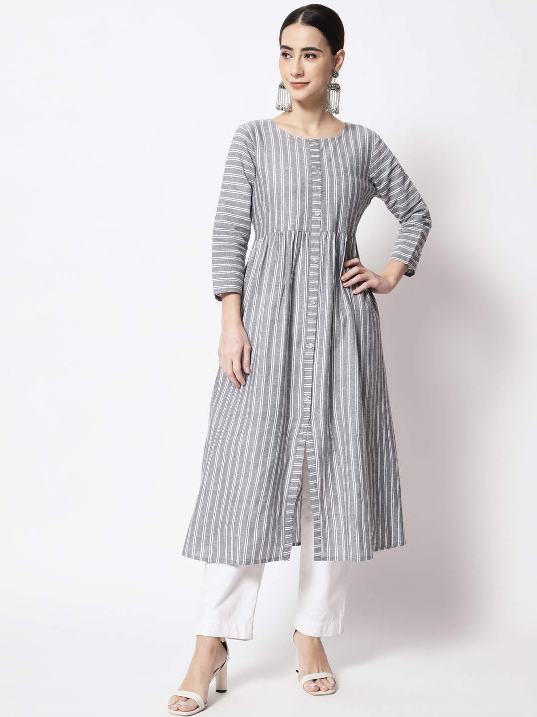 

KALINI Striped A-Line Kurta, Grey