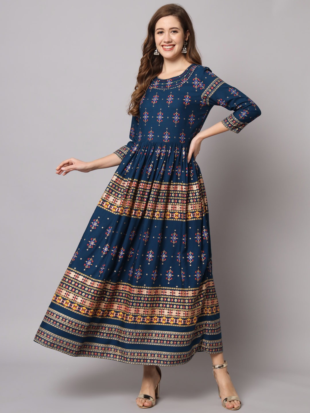 

KALINI Ethnic Motifs Printed Fit & Flare Ethnic Dress, Navy blue