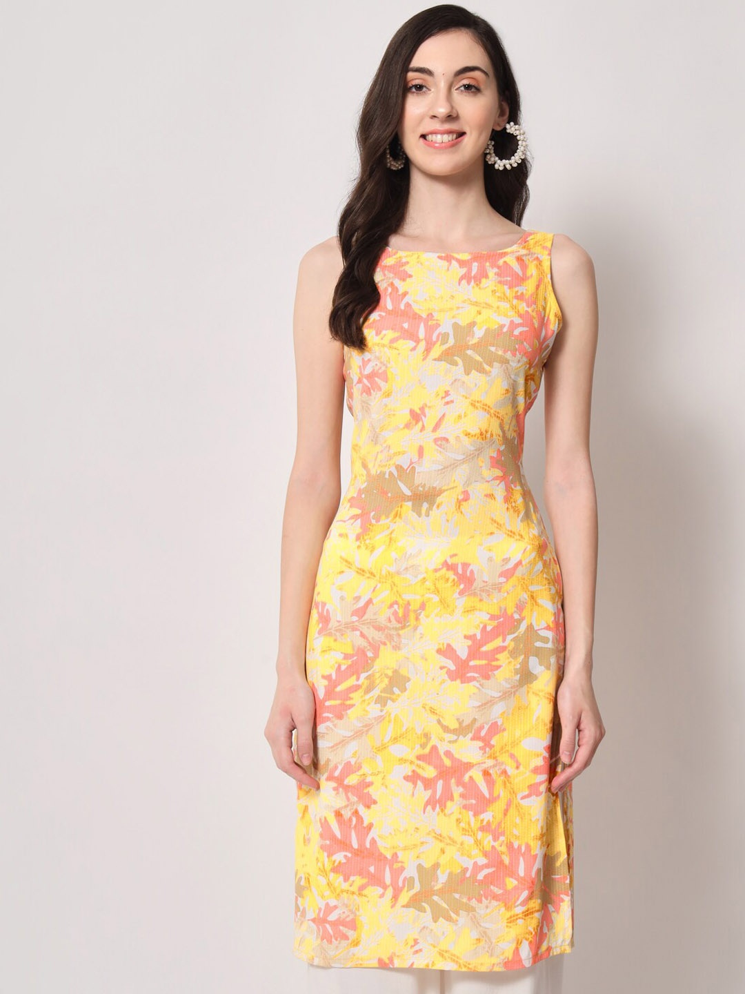 

KALINI Floral Printed Boat Neck Straight Kurta, Yellow