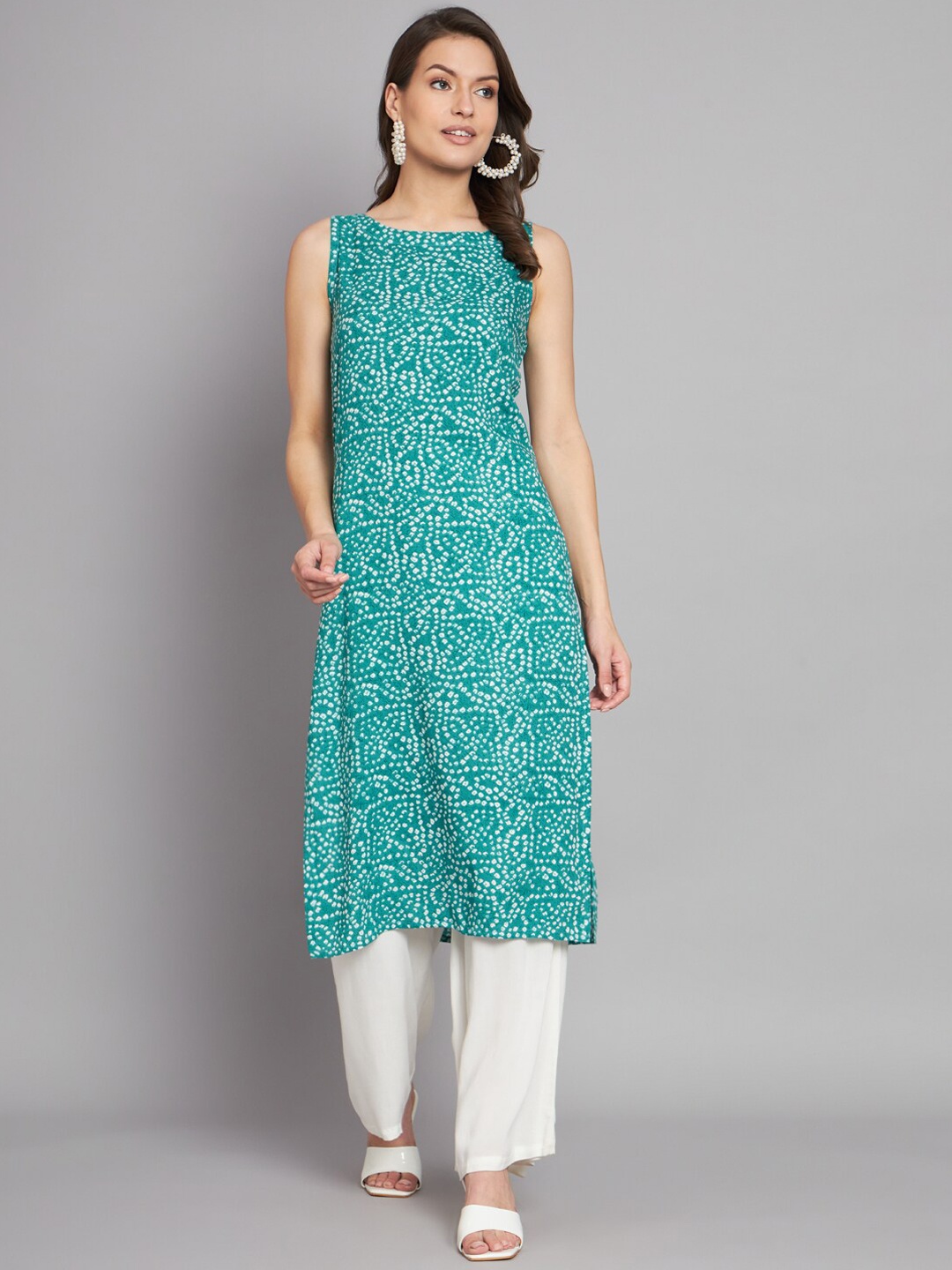 

KALINI Abstract Printed Boat Neck Sleeveless Straight Kurta, Sea green