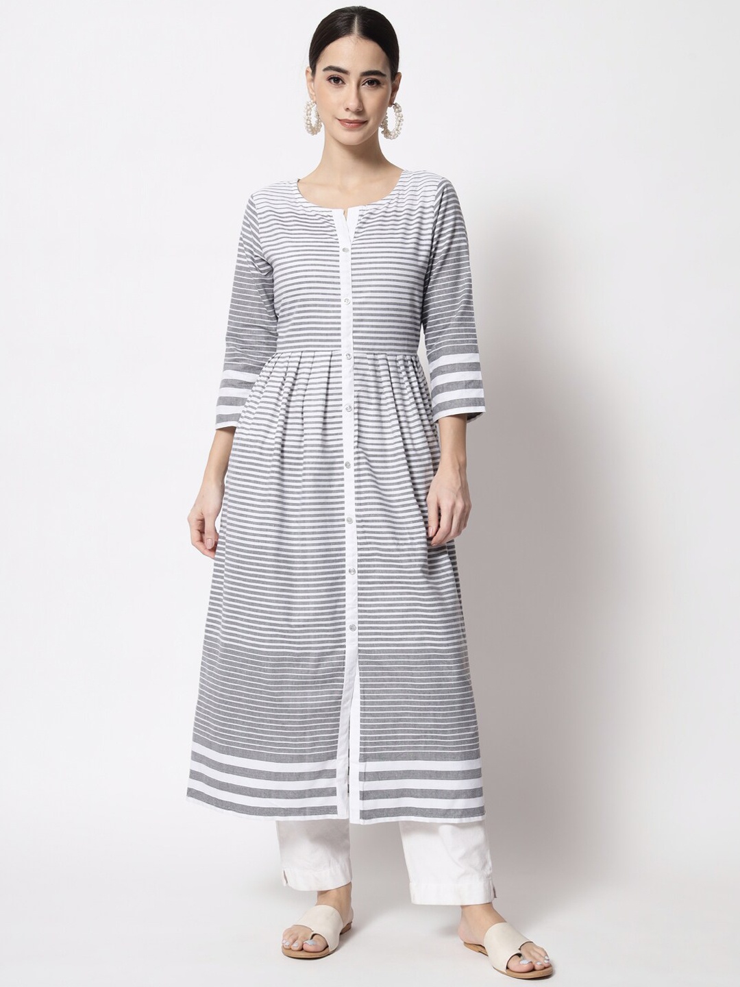

KALINI Striped Round Neck Anarkali Kurta, White