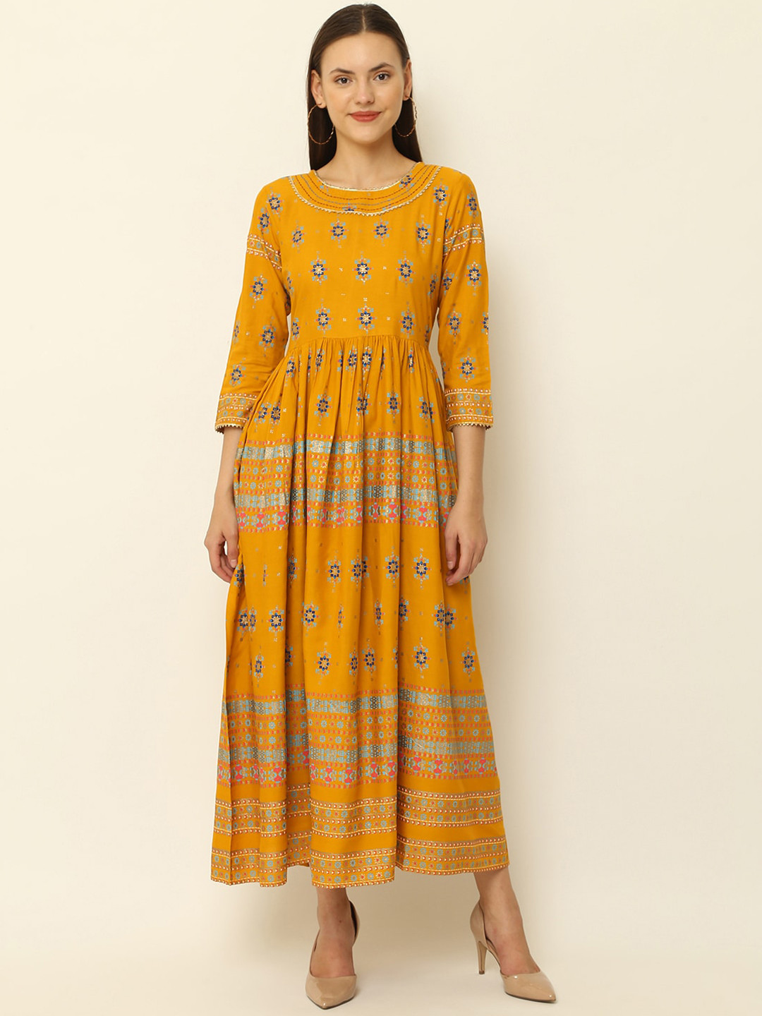 

KALINI Ethnic Printed Gotta Patti Anarkali Kurta, Mustard