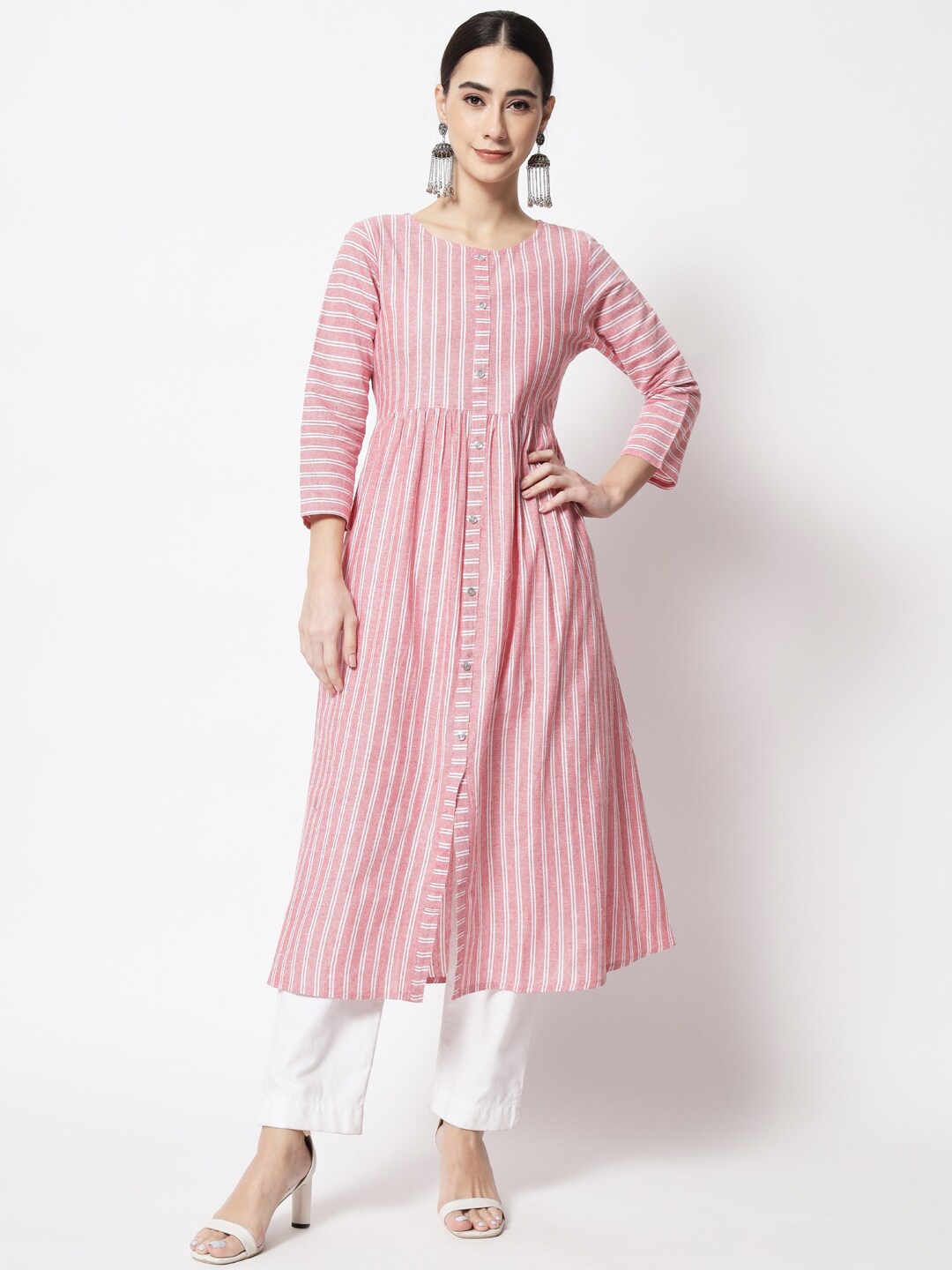 

KALINI Striped Round Neck Cotton A-LIne Kurta, Pink