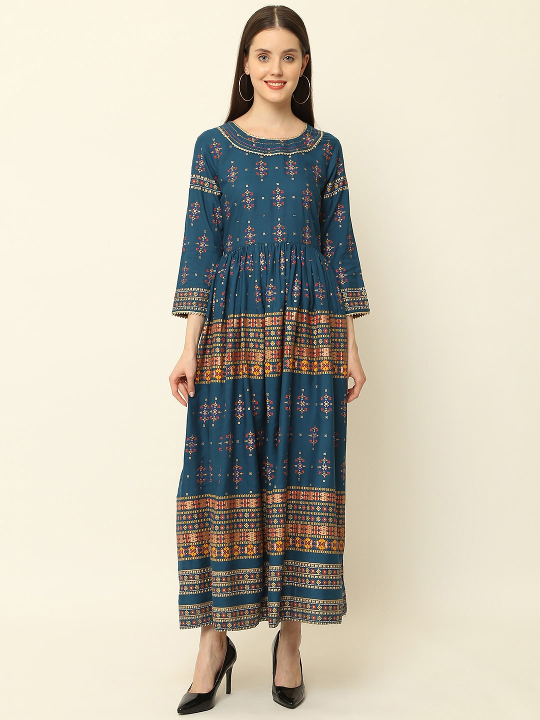 

KALINI Ethnic Motifs Printed Gotta Patti Anarkali Kurta, Teal