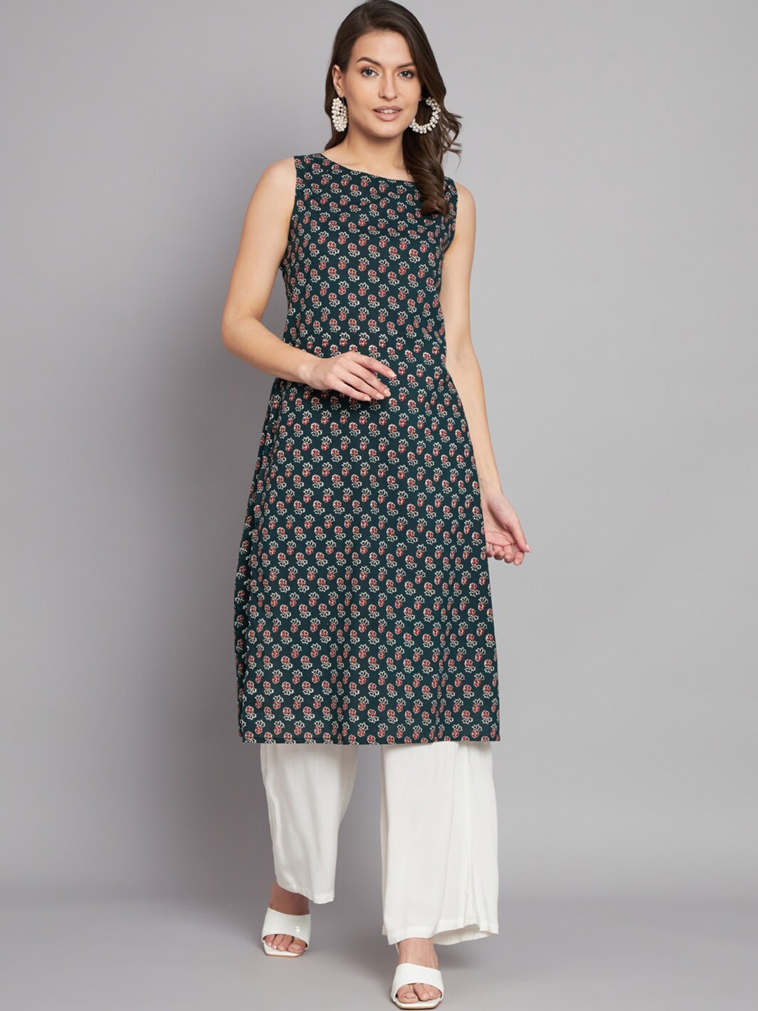 

KALINI Floral Printed Round Neck Cotton Straight Kurta, Navy blue
