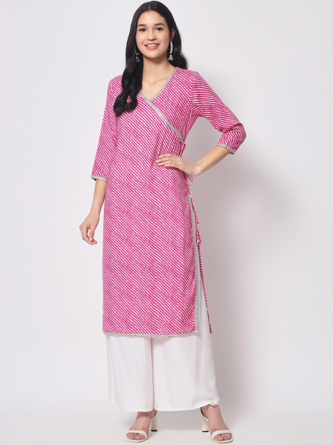 

KALINI Leheriya Printed Angrakha Style Gotta Patti Straight Kurta, Pink