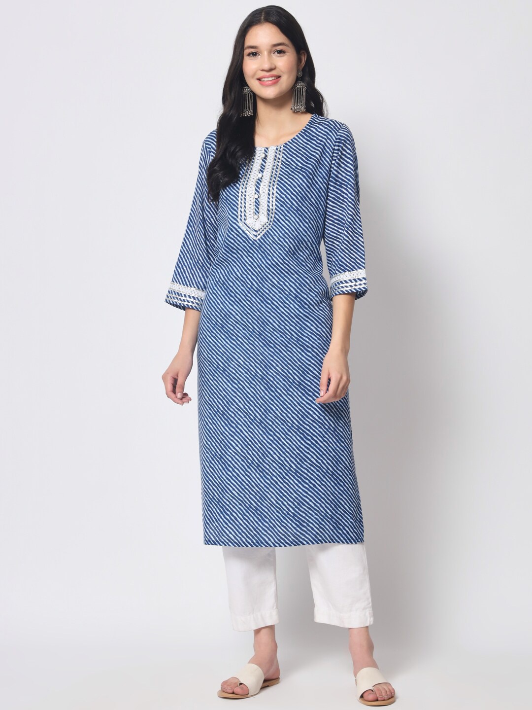 

KALINI Leheriya Printed Round Neck Gotta Patti Straight Kurta, Blue