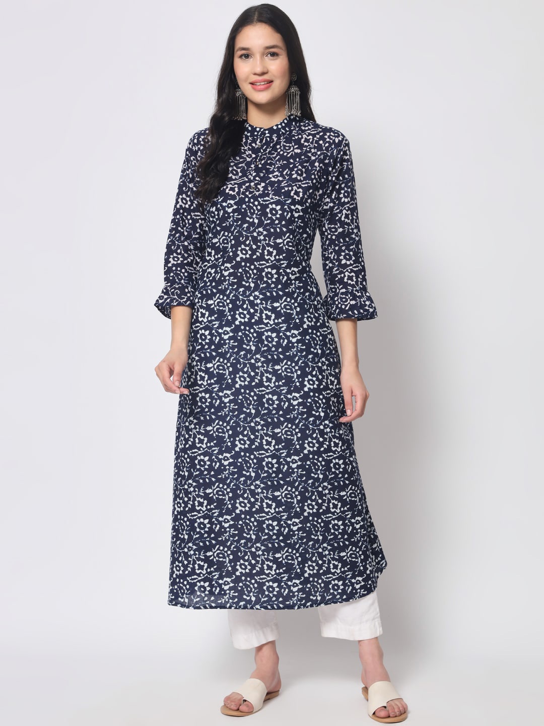 

KALINI Floral Printed Mandarin Collar Pure Cotton A-Line Kurta, Navy blue