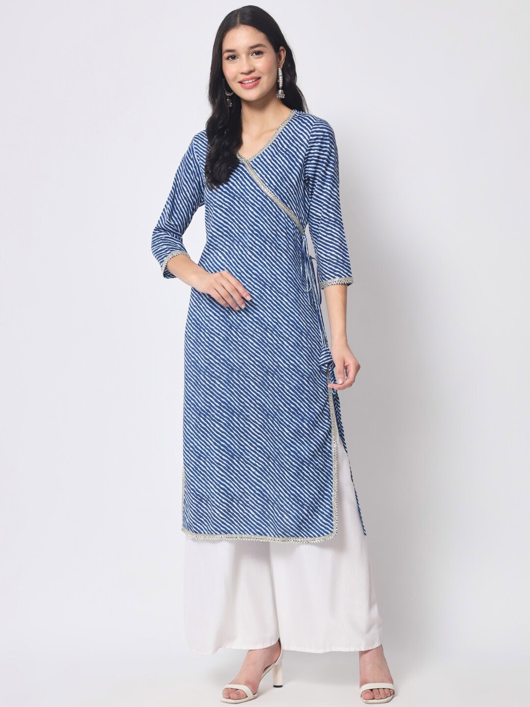 

KALINI Leheriya Printed V-Neck Gotta Patti Angrakha Kurta, Blue