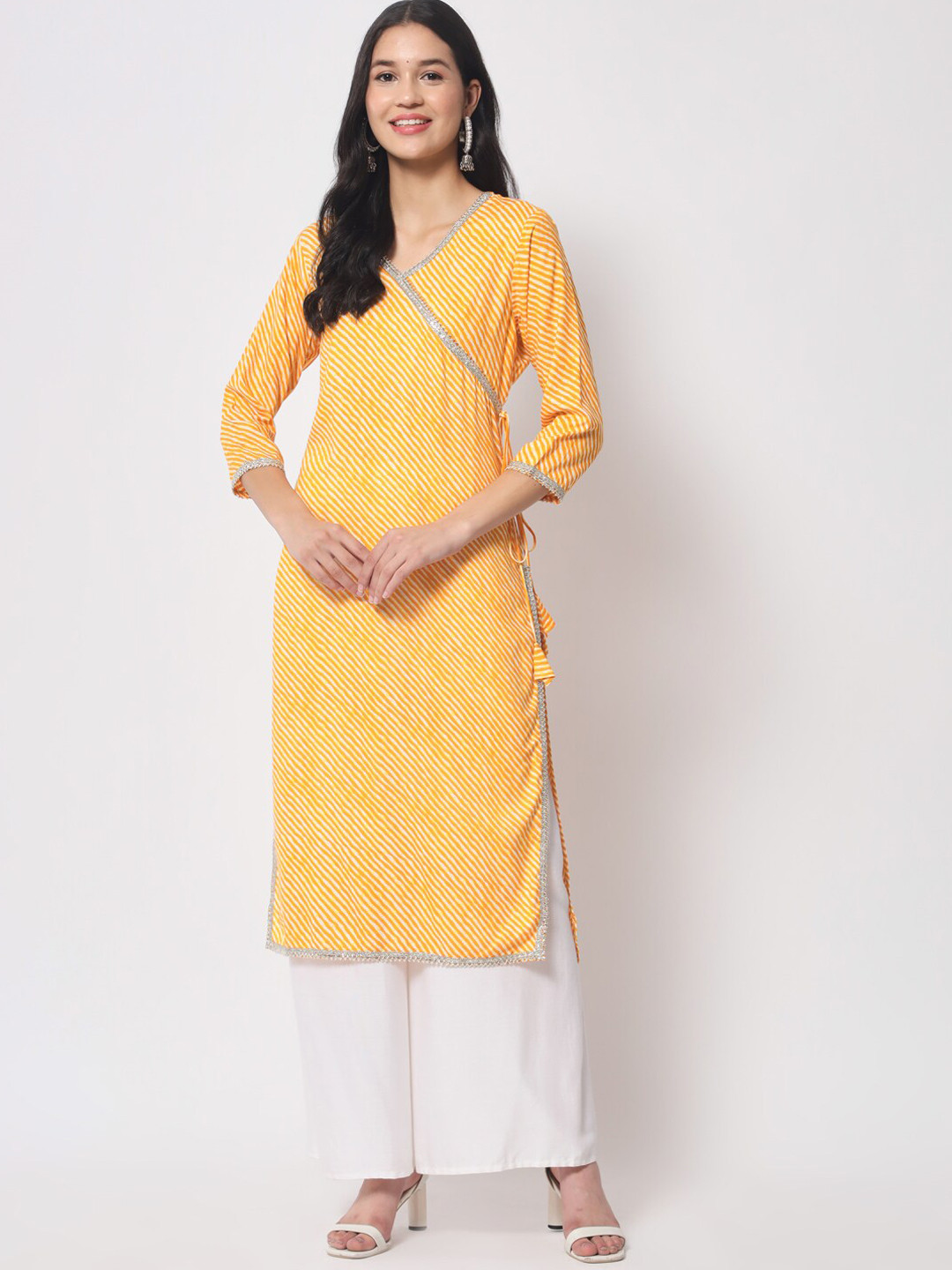 

KALINI Leheriya Printed V-Neck Gotta Patti Angrakha Kurta, Yellow
