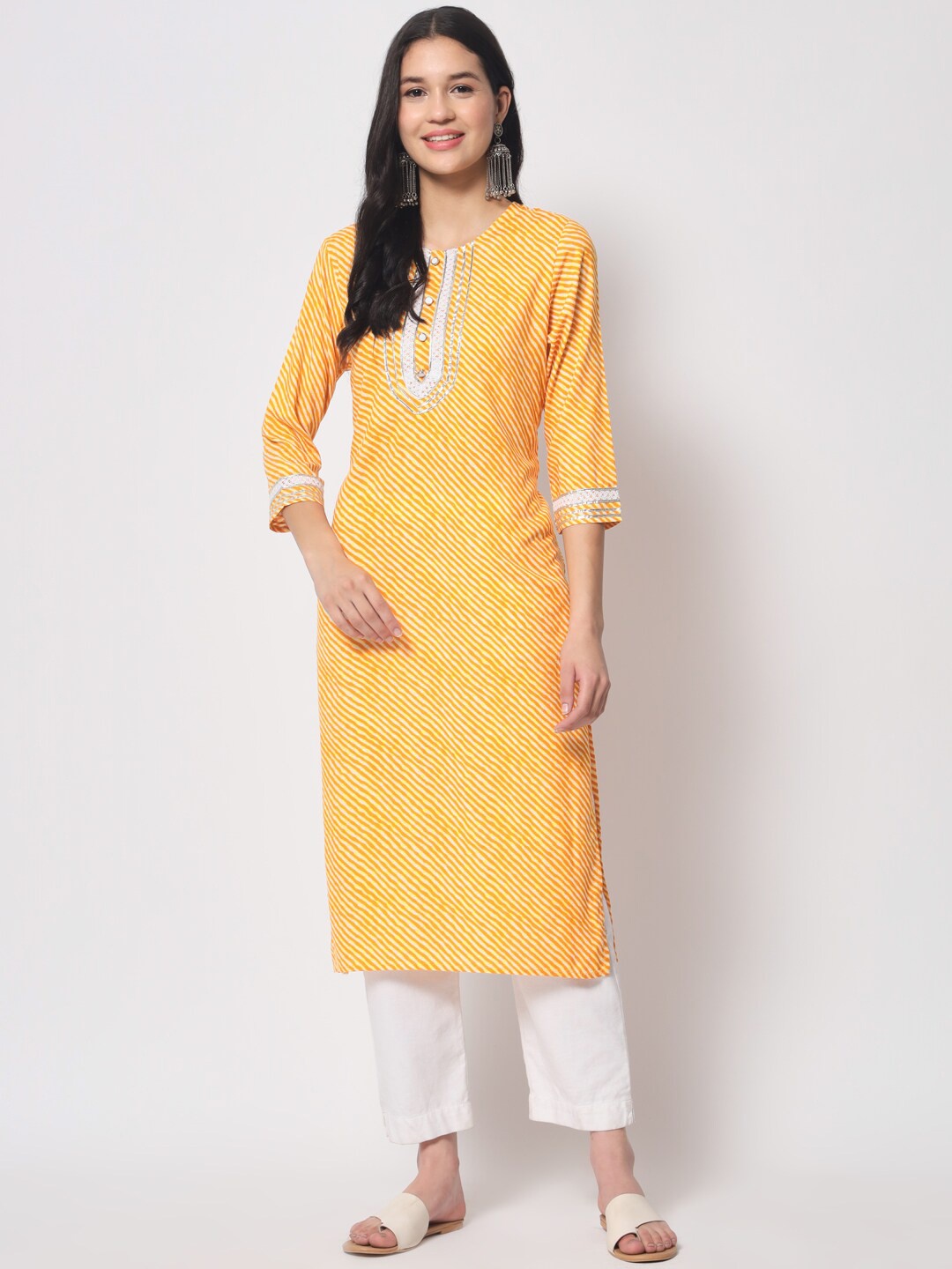 

KALINI Leheriya Printed Round Neck Gotta Patti Straight Kurta, Yellow