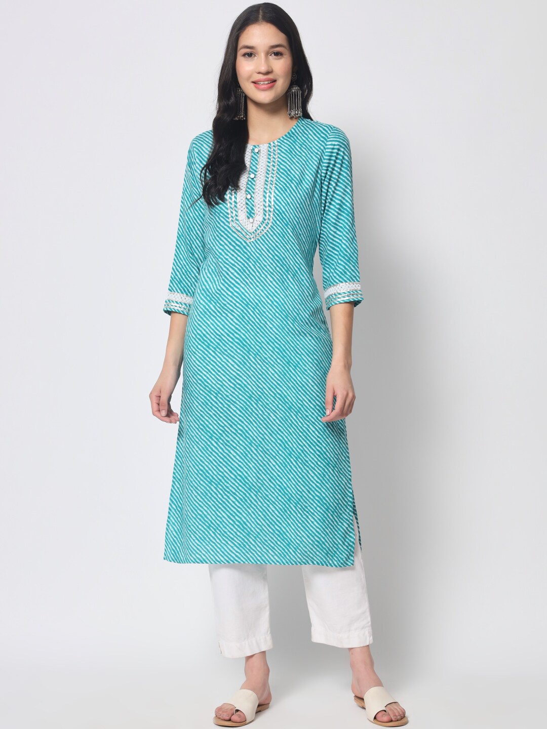 

KALINI Leheriya Printed Round Neck Gotta Patti Straight Kurta, Blue