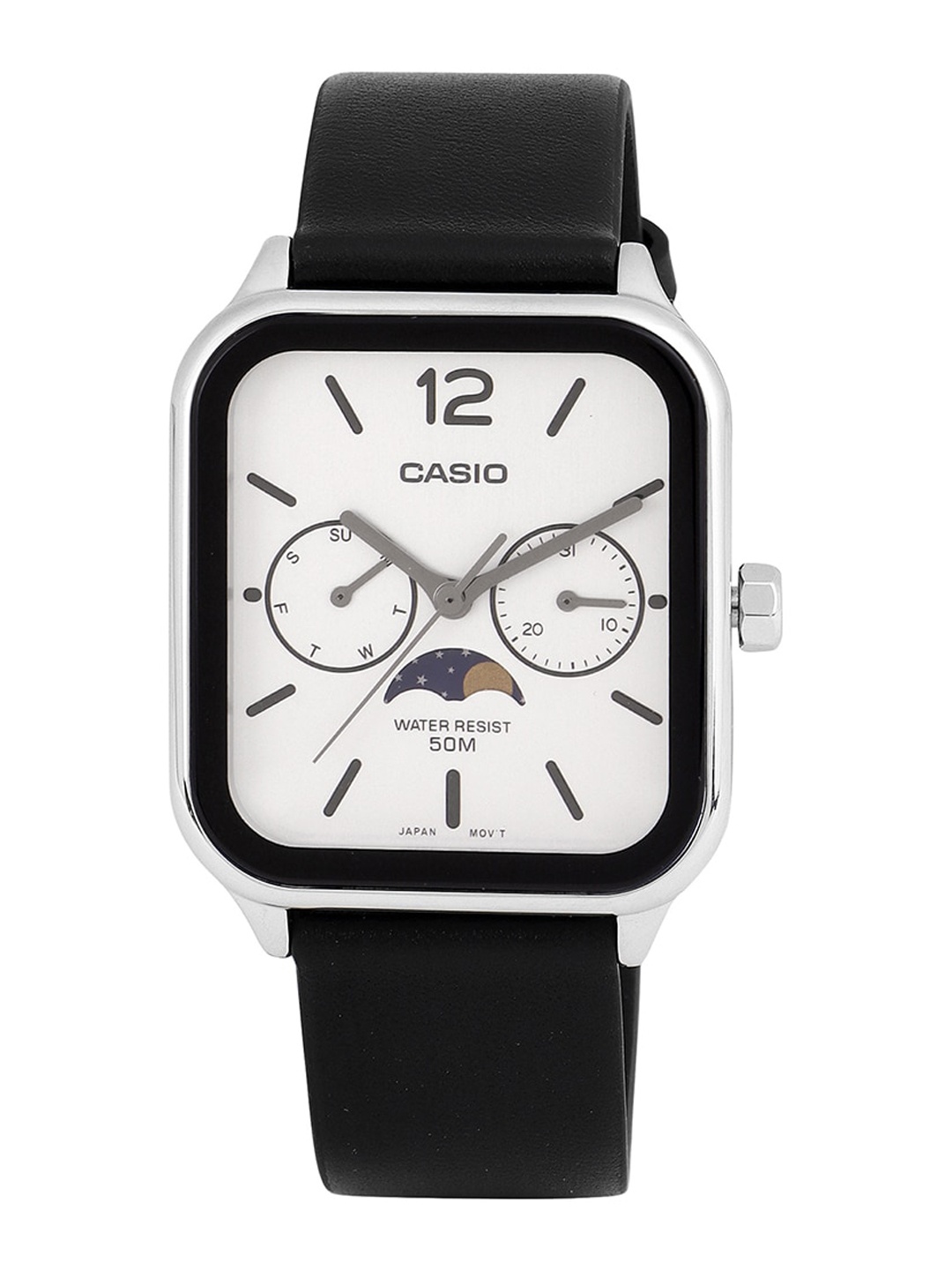 

CASIO Men White Printed Dial & Black Leather Straps Analogue Watch A2186