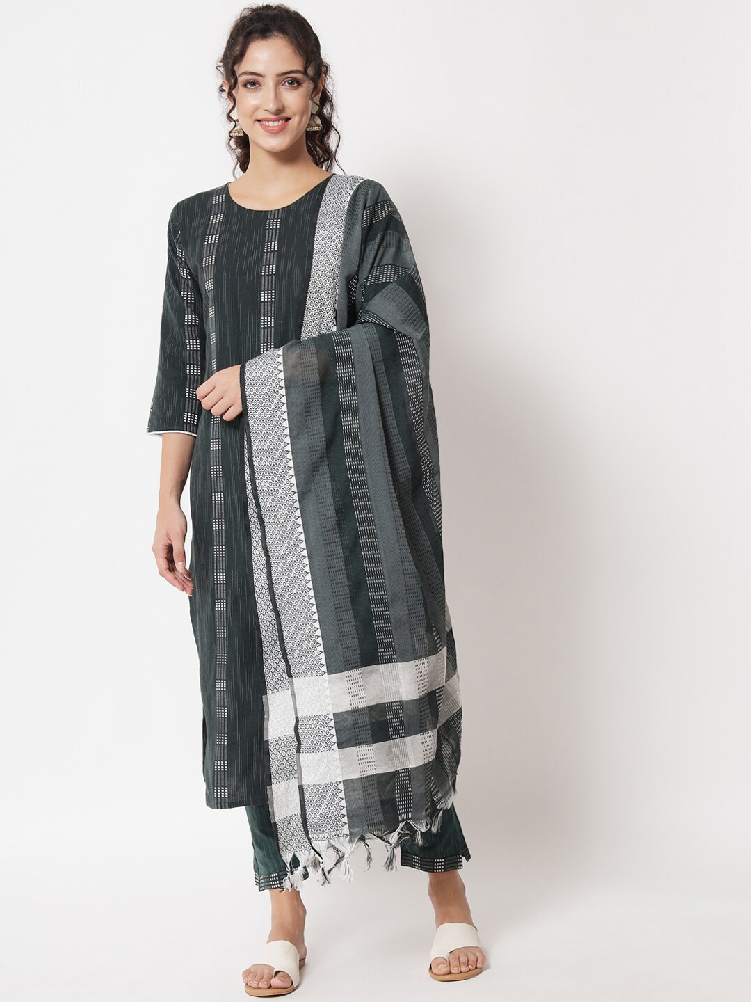 

KALINI Woven Design Pure Cotton Regular Kurta with Trousers & Dupatta, Green