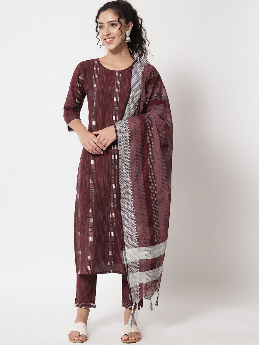 

KALINI Striped Regular Pure Cotton Kurta with Trousers & With Dupatta, Maroon