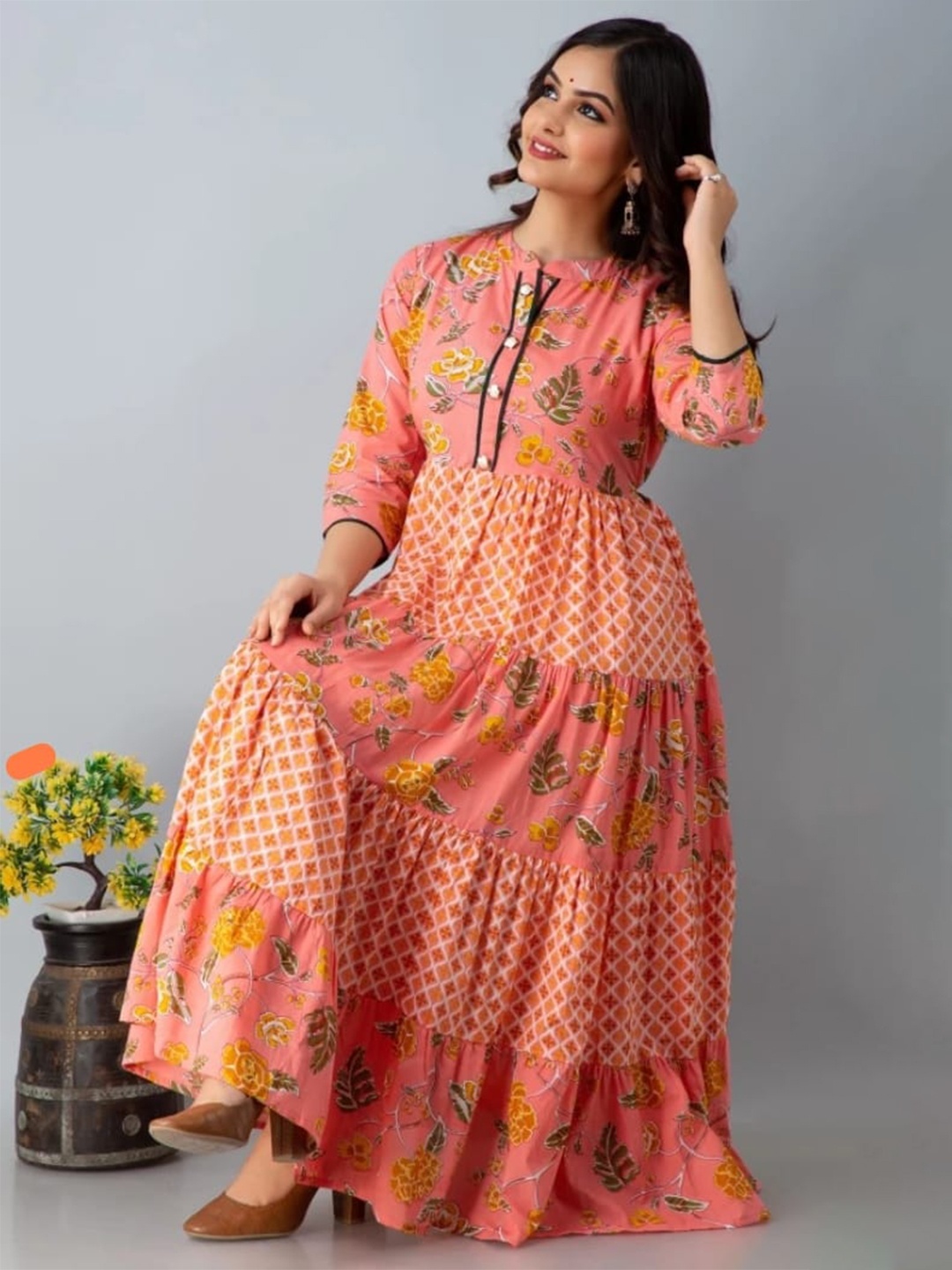 

SBR BABA KURTI Floral Printed Mandarin Collar Tie-Ups Tiered Fit & Flare Midi Ethnic Dress, Peach