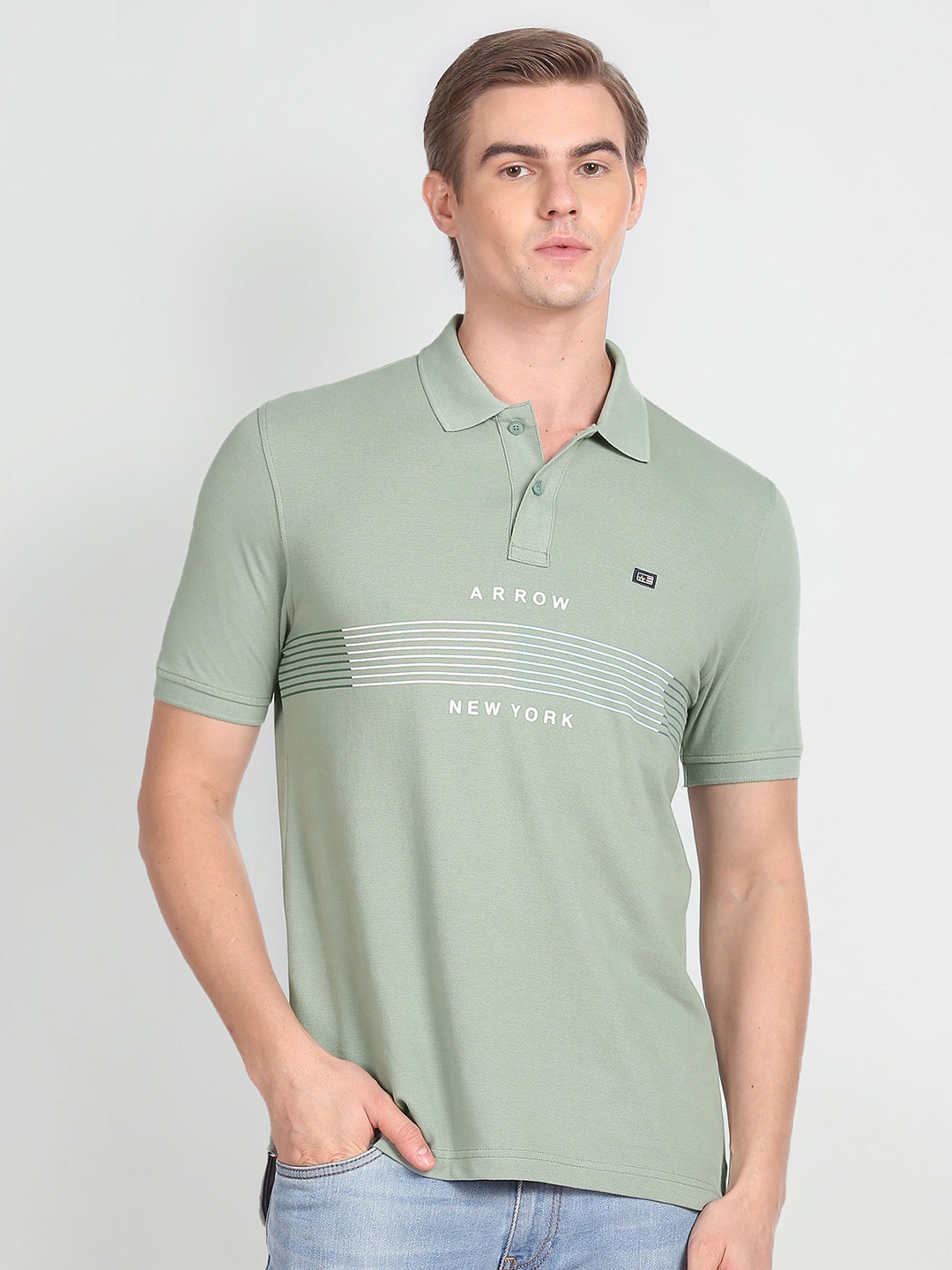 

Arrow Striped Polo Collar Pure Cotton T-shirt, Green