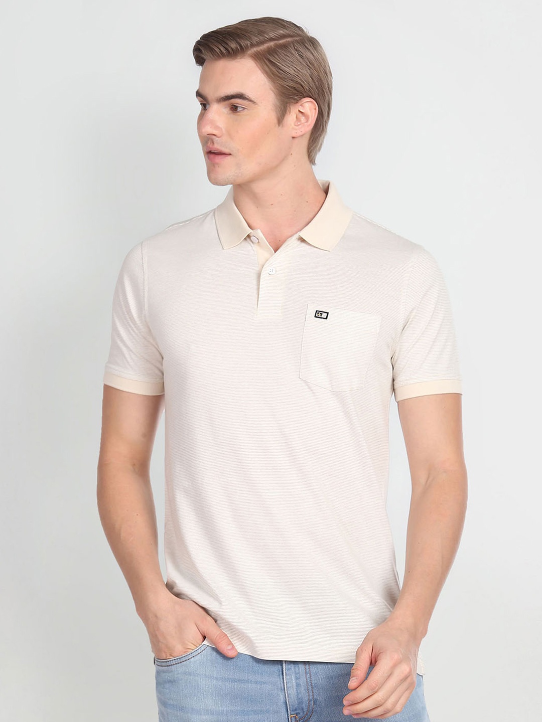 

Arrow Horizontal Stripe Polo Collar Regular Fit T-shirt, Beige