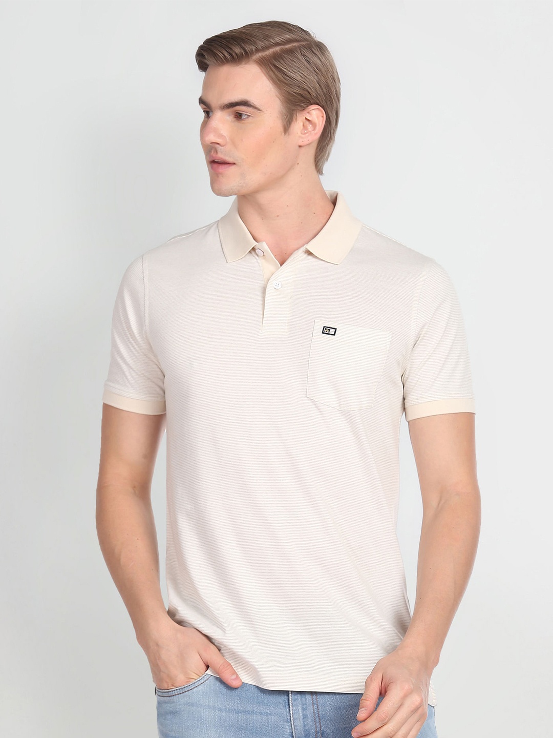 

Arrow Horizontal Striped Polo Collar T-shirt, Beige