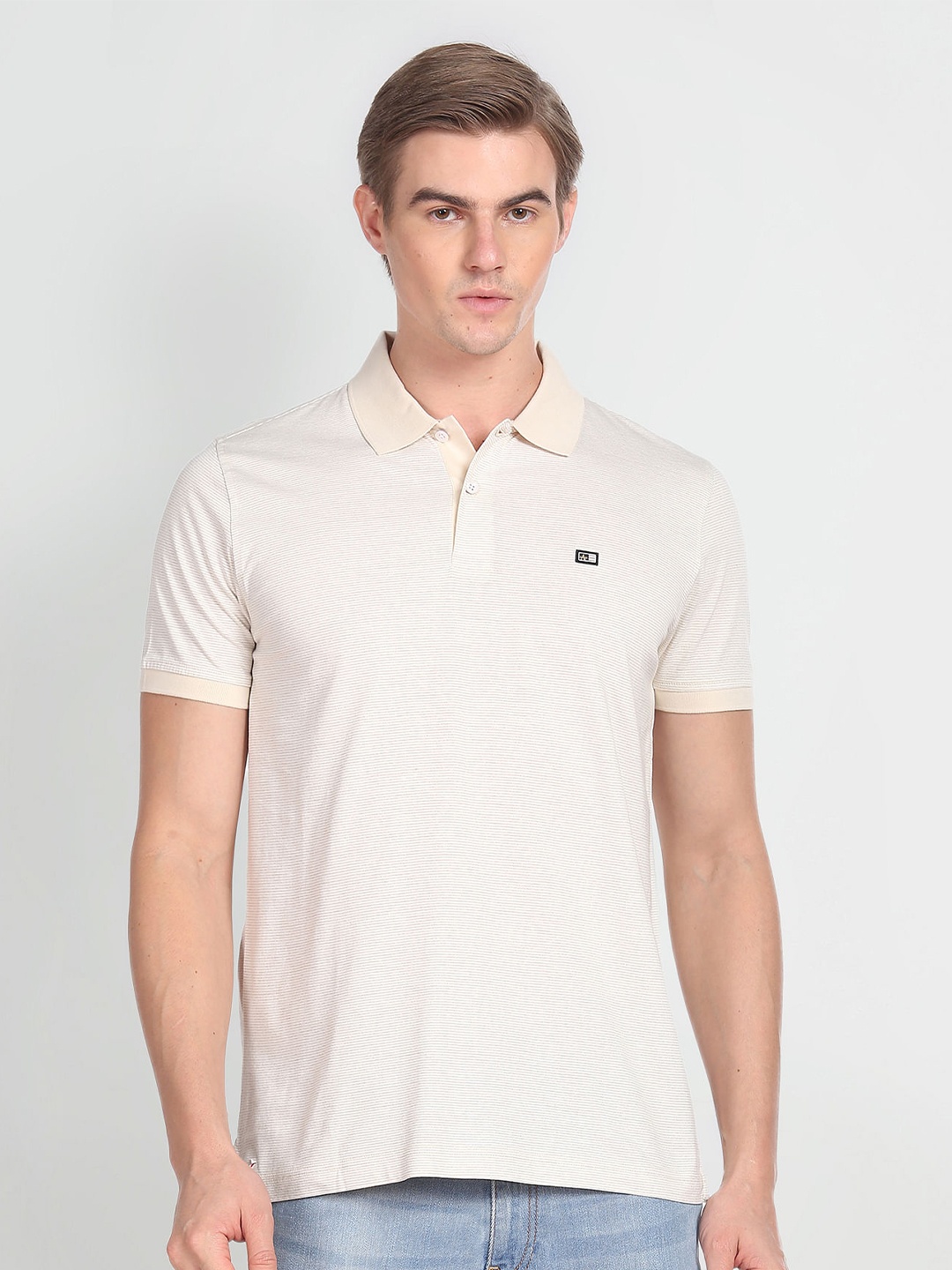 

Arrow Horizontal Striped Polo Collar T-shirt, Beige