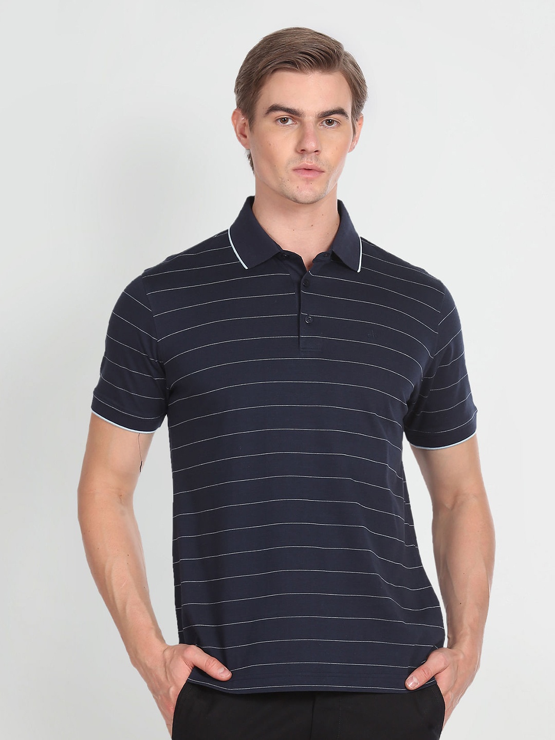 

Arrow Striped Polo Collar Pure Cotton T-shirt, Navy blue