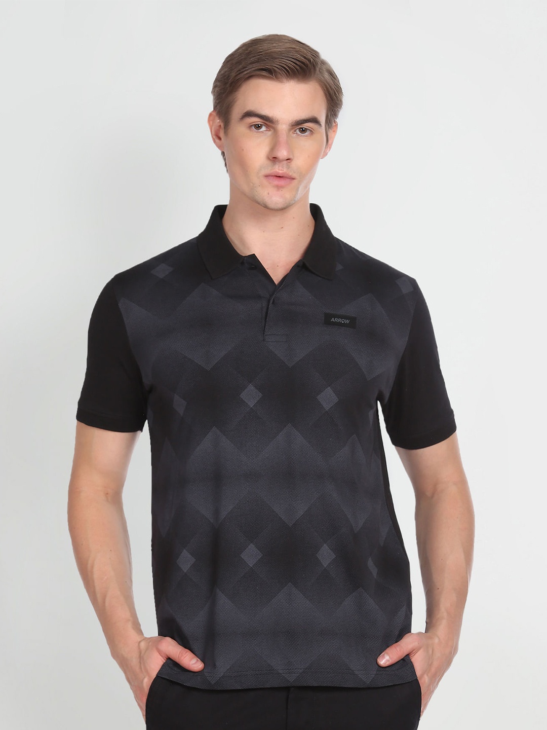 

Arrow New York Geometric Printed Polo Collar Pure Cotton T-shirt, Black