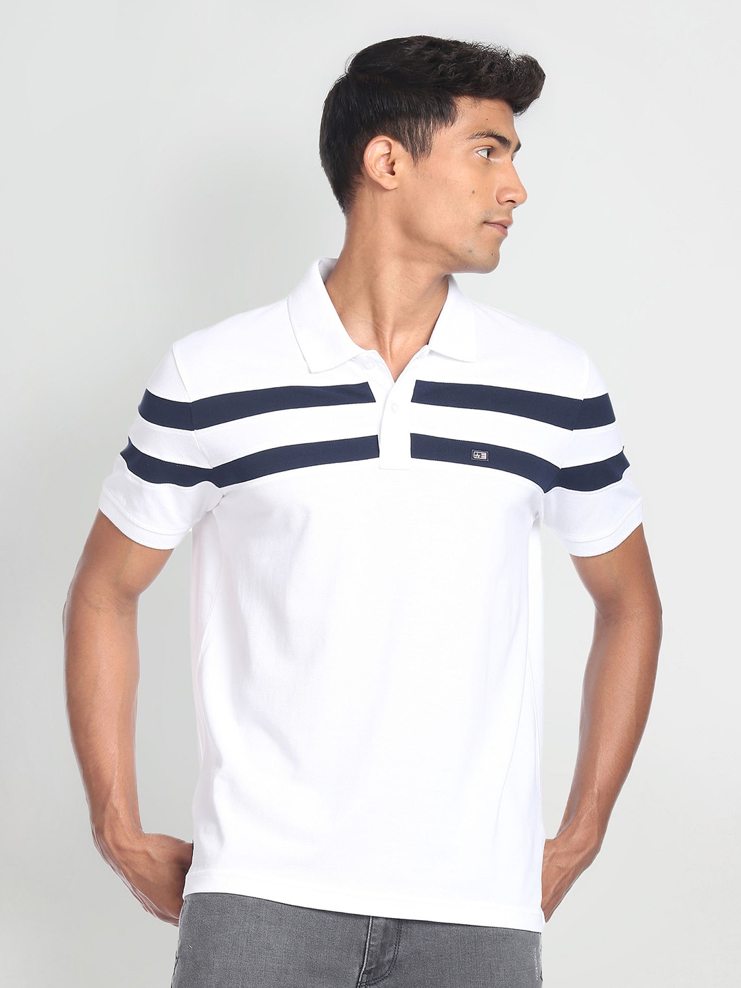 

Arrow Sport Striped Polo Collar Pure Cotton T-shirt, White