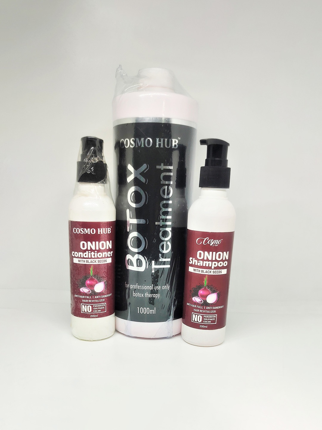 

COSMO HUB Onion Shampoo 200ml + Onion Hair Conditioner 200ml + Botox Hair Treatment 1L, Black