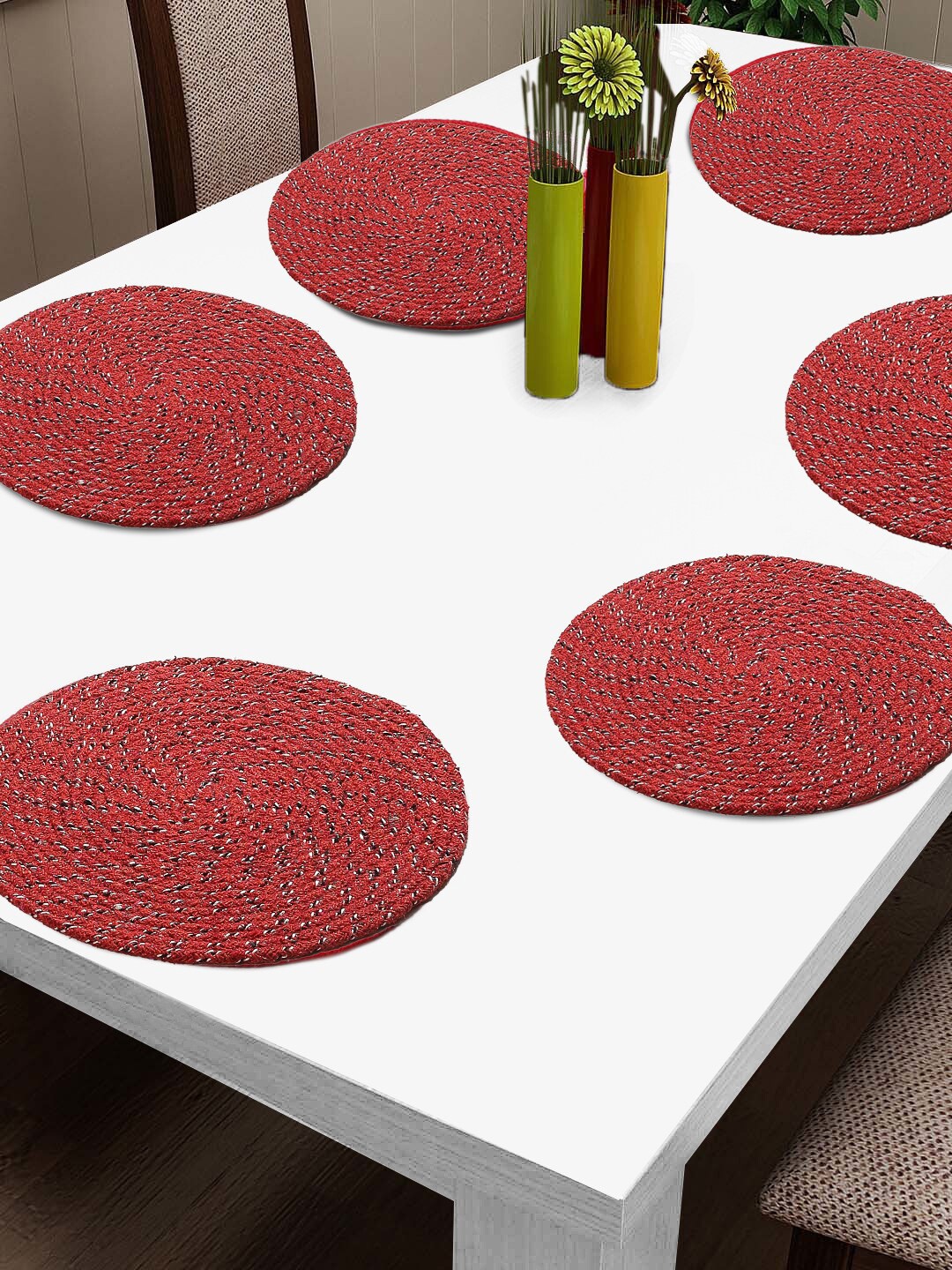 

FABINALIV Red 6 Pieces Abstract Braided Cotton Table Placemats