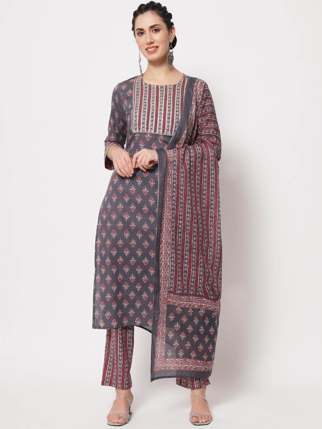 

KALINI Ethnic Motifs Printed Gotta Patti Pure Cotton Kurta with Trousers & Dupatta, Grey