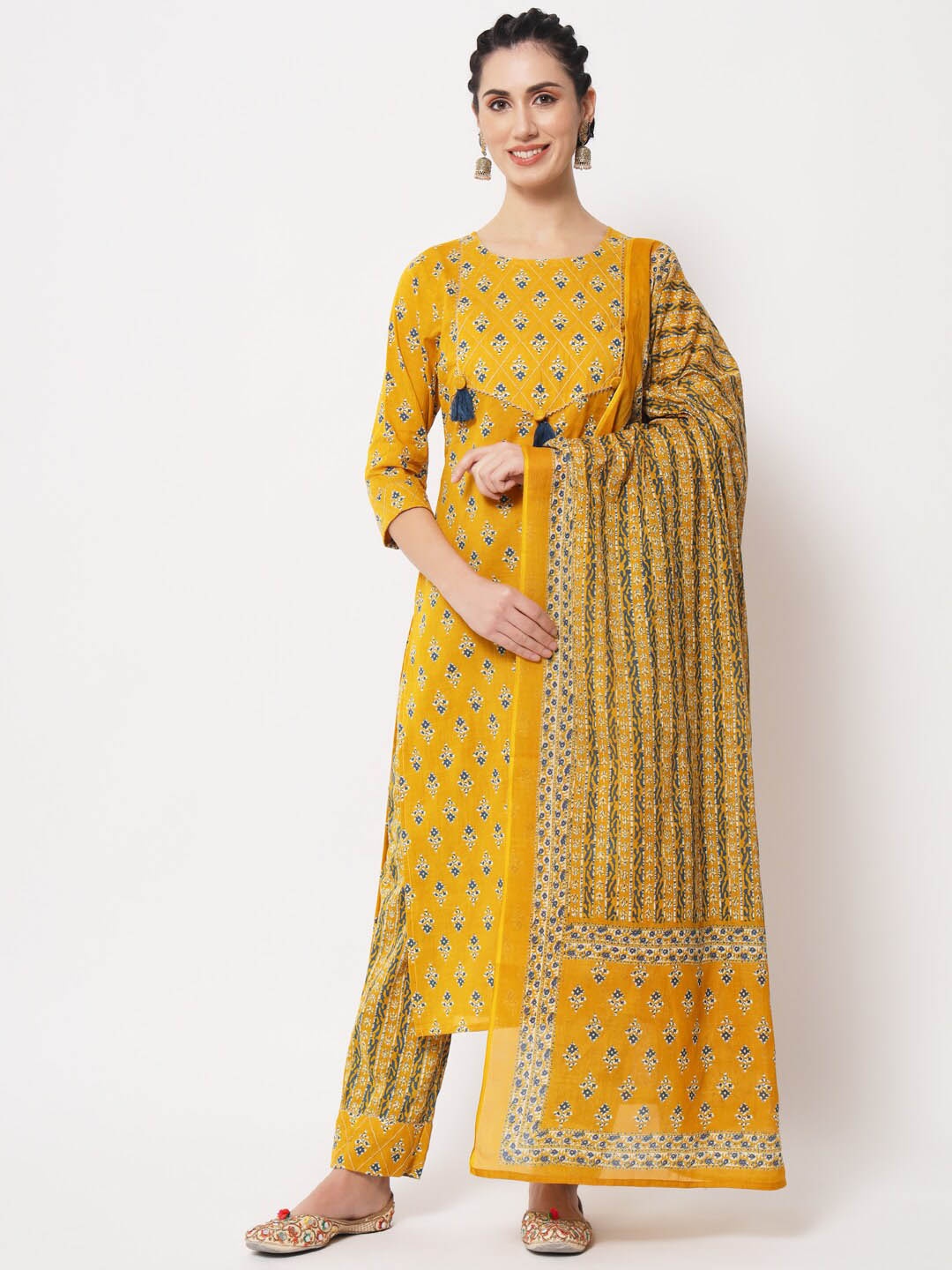 

KALINI Floral Printed Gotta Patti Pure Cotton Kurta With Trousers & Dupatta, Mustard