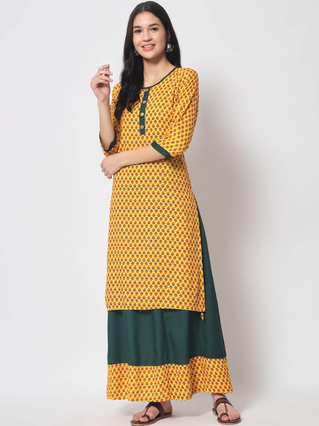 

KALINI Floral Printed Straight Kurta With Skirt, Mustard